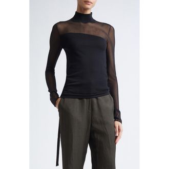 Jason Wu Sheer Inset Merino Wool Turtleneck Sweater in Black/Black at Nordstrom, Size X-Large