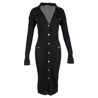 Versace Ribbed Buttoned Midi Dress in Black Viscose