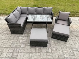 Fimous Rattan Garden Furniture Corner Sofa Set with Oblong Dining Table Footstool Armchair Outdoor Wicker Rattan Set in Dark Grey