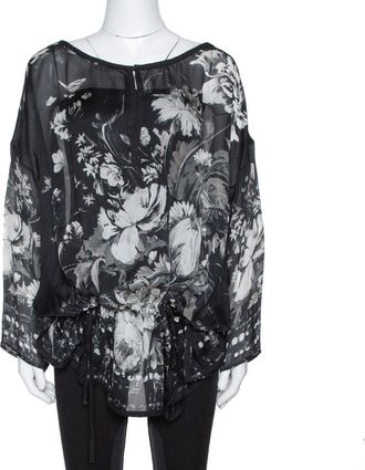 Roberto Cavalli Black Floral Print Silk Sheer Kaftan Blouse