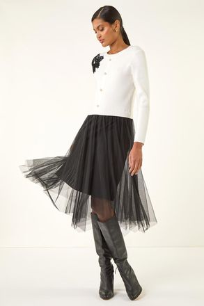 Roman Buttoned Knit Mesh Midi Dress