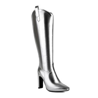 Generic Womens Square Pointy Toe Knee High Boots PU Leather Long Boot with Side Zipper Block High Heel Party Prom Shoes,Silver,3.5 UK
