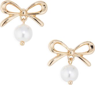 BP. Bow Faux Pearl Drop Earrings in Ivory- Gold at Nordstrom