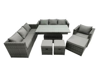 Fimous Rattan Dining Table Sofa Set 10 Seat Garden Furniture Set in Dark Grey