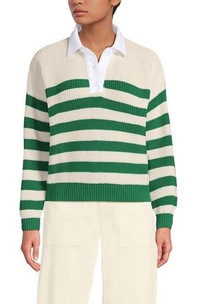 Lands End Drifter Rugby with Woven Collar Sweater in Vibrant Clover Stripe at Nordstrom, Size X-Large P