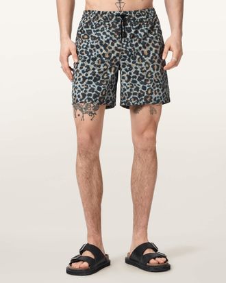 AllSaints Polyester Silesia Leopard Print Slim Fit Swim Shorts, Size: XXL