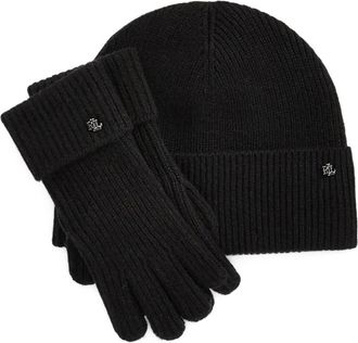 Lauren Ralph Lauren Set berretto e guanti a coste - Nero