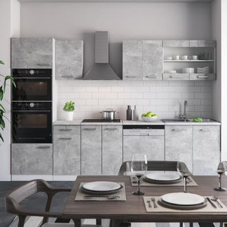 Vicco Mueble De Cocina R-line, Hormig&oacute;n, 300 Cm Con Armario Alto, Et M&aacute;rmol