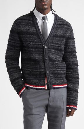 Thom Browne Tartan Check Inlay Jacquard Cardigan in Black at Nordstrom, Size 2