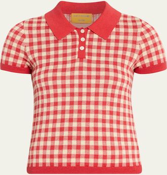 Guest In Residence Gingham Shrunken Silk-Linen Polo