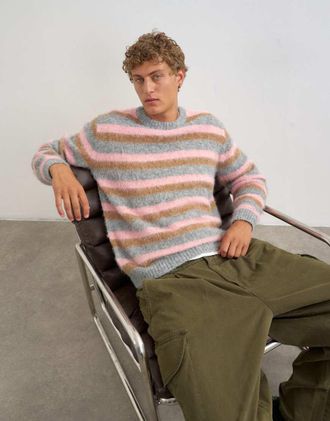 Topman maglione classico morbido a righe rosa-Grigio