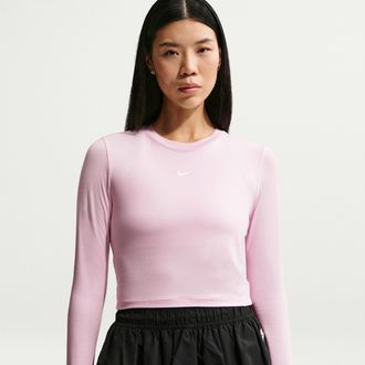 Nike Womens Nike Sportswear Chill Knit Slim Long-Sleeve Cropped Top in Pink | HF5322-663