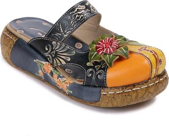 Tosoft Wide Toe Slippers For Women Fashion Flower Handmade Slip On Platform Leather Sandals Backless Flat Mule Clogs Shoes(Blue,38)