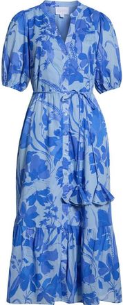 Sugarlips Veran Floral Button-Up Tiered Cotton Shirtdress in Light Blue Multi at Nordstrom, Size X-Large