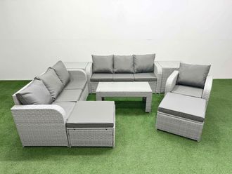 Fimous 9 Seater Poly Rattan Outdoor Garden Furniture Oblong Coffee Table Sofa Set Patio 3 Seater Sofa Reclining Chair 3 Seater Sofa 2 Big Footstools
