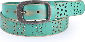 OLD TREND Blooming Genuine Leather Perforated Floral Vintage Belt in Aqua at Nordstrom, Size Medium