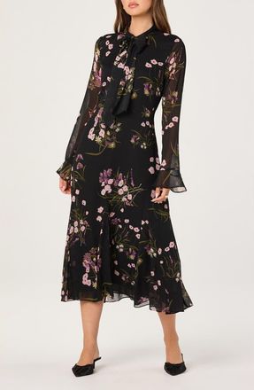 ASTR the Label Floral Tie Neck Long Sleeve Dress in Black Pink Floral at Nordstrom, Size X-Small