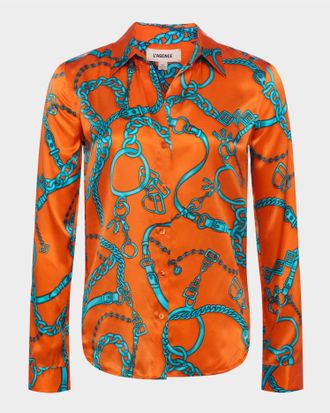 L'agence Womens Tyler Long Sleeve Blouse In Orange/teal Buckle Chain