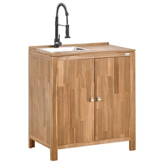 Beliani Armario De Cocina Exterior De Madera De Acacia 2 Estantes 50 X 80 X 90 Cm Encimera De Madera Maciza Fregadero Grifo De Acero Inoxidable Marr&oacute;n Y Negro