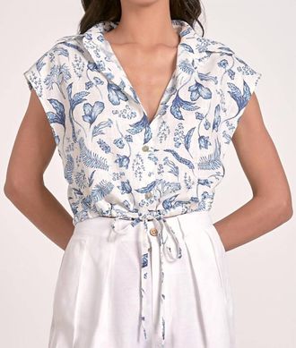 Elan Floral Cap Sleeve Collared Shirt In Blue