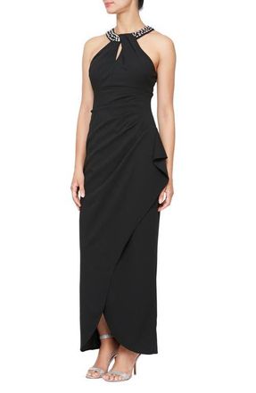 S.L. Fashions Crystal Embellished Halter Neck Tulip Gown in Black at Nordstrom, Size 12 P