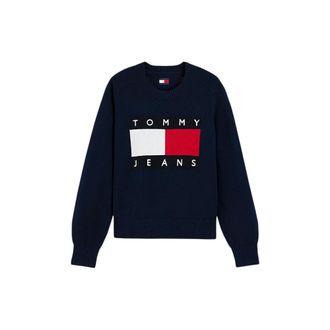 Tommy Jeans Flag Relaxed Crew Neck Trui - Dames - Truien - Blauw - Maat: XS Katoen