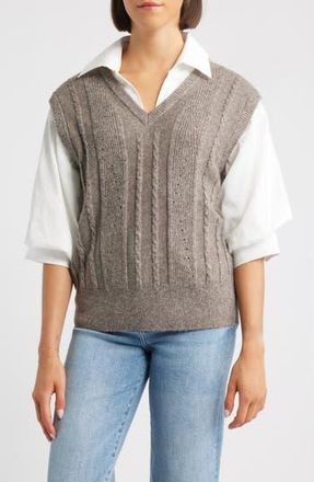 Wit & Wisdom Mixed Media Elbow Sleeve Shirt & Sweater Vest in Heather Mocha/Off White at Nordstrom Rack, Size Large