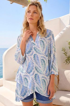 Roman Leaf Print Wrap Hem Tunic Top
