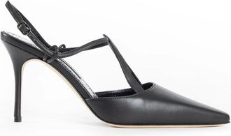 Manolo Blahnik Zwarte Leren Stilettos met T-Bar - Dames - Pumps - Zwart - 37 1/2 EU - Schoenen