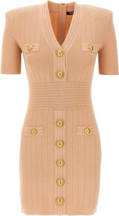 Balmain Gebreide Jurk met Knopen - Dames - Korte kleedjes - Roze - XL - Polyester - Kleedjes