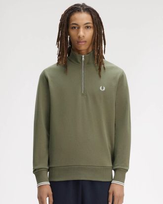 Fred Perry Mens Half Zip Sweatshirt in Sage Green Cotton - Size X-Large