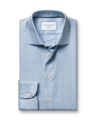CHARLES TYRWHITT Non-Iron Cotton Linen Prince Of Wales Shirt - Mid Blue Single Cuff Size 15.5/33 by Charles Tyrwhitt