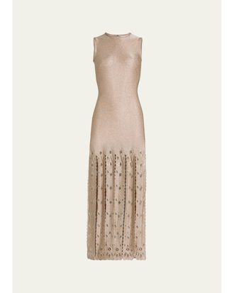 Oscar De La Renta Sleeveless Metallic Jersey Embroidered Fringe Maxi Dress