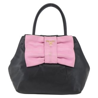 Prada Bow Tote Leather Black Leather Handbag (Pre-Owned)