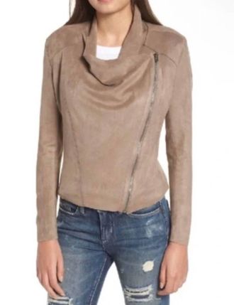 Blank NYC Faux Suede Drape Front Zip Up Top In Beige