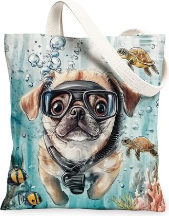 Generic Pop Art Golden Retriever Dog Canvas Tote Bag for Shopping 13x15, Ocean Sea Nautical Puppy Reusable Grocery Print Bag for Women, Fun Pet Beach Aestheti