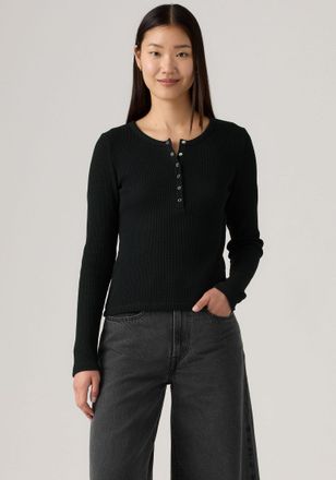 Levi's Langarmshirt LEVIS DRY GOODS HENLEY, Damen, Gr. M (38), anthrazit night, Web, Obermaterial: 95% Baumwolle, 5% Elasthan, unifarben, figurbetont h&uuml;ftbed