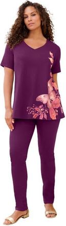 Roaman's Plus Size Ultimate Short Sleeve Swing Tee in Berry Leaf Floral at Nordstrom, Size 24