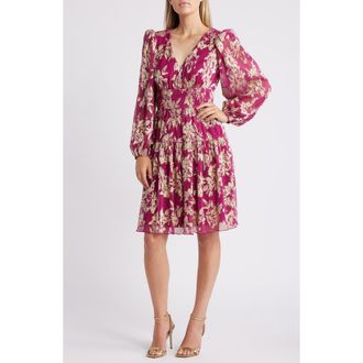Vince Camuto Metallic Floral Long Sleeve Fit & Flare Dress in Magenta at Nordstrom Rack, Size 10