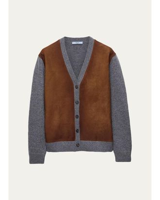 Prada Suede & Wool Knit V-Neck Cardigan