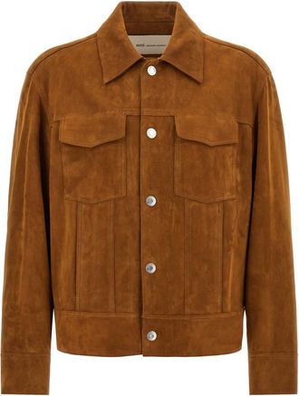 Ami Brown Solid Leather Jacket
