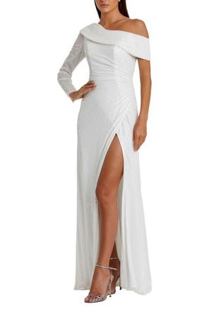 Mac Duggal Sequined Drop Shoulder Faux Wrap Gown in White at Nordstrom, Size 12