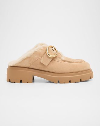 Stuart Weitzman Benni Shearling-Lined Suede Mules