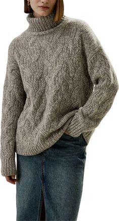LilySilk Cable-Knit Cashmere Turtleneck Sweater in Camel Gray at Nordstrom, Size Medium