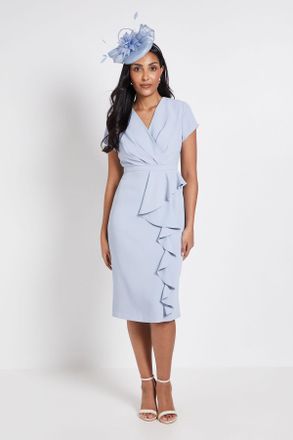 Wallis Womens Petite Tailored Crepe Ruffle Pencil Dress - Blue - Size 12 UK