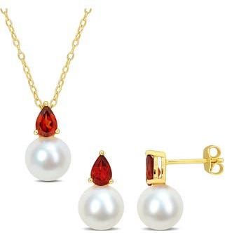 Delmar Garnet & Freshwater Pearl Stud Earrings & Pendant Necklace Set in Red at Nordstrom Rack