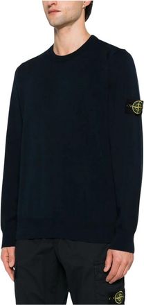 Stone Island Logo Patch Crewneck Sweater - Heren - Ronde hals truien - Blauw - L - Katoen - Truien & Vesten