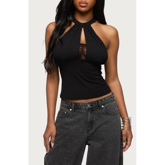 Edikted Lielle Lace Trim Halter Top in Black at Nordstrom, Size X-Small