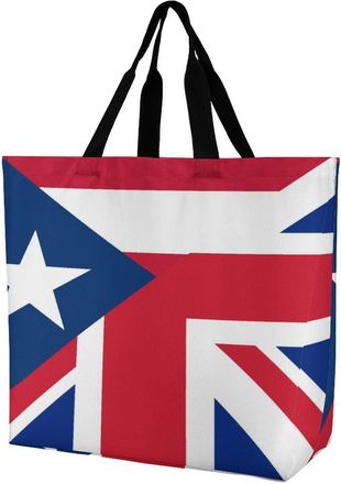 Generic Birtish And P.R. State Flag Large Reusable Shopping Bag Lightweight Foldable Tote Bags Washable Shoulder Handbag