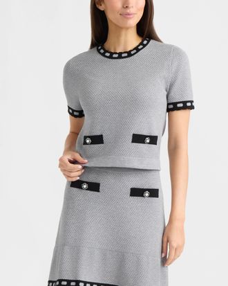 Ellen Tracy Womens Short Sleeve Sweater with Contrast Trim